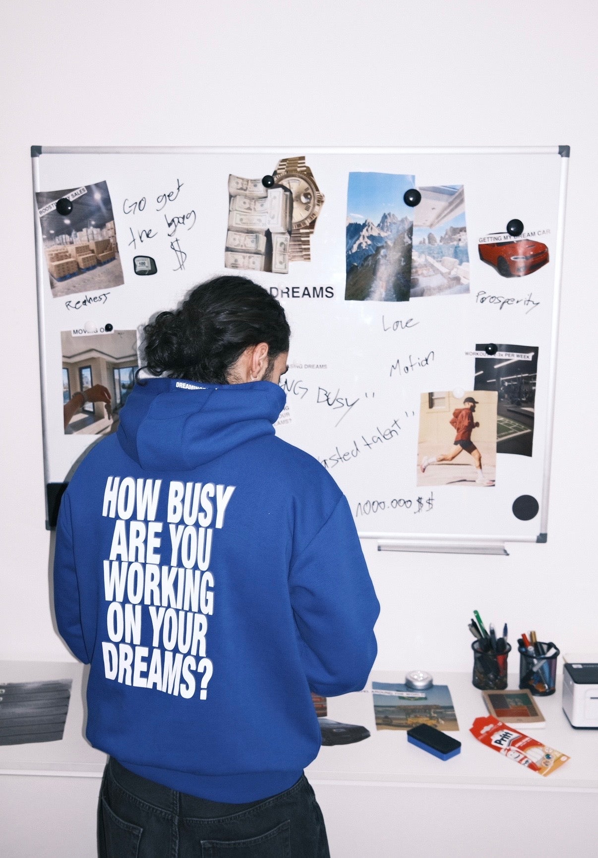 "HOW BUSY" Slogan Hoodie Blue